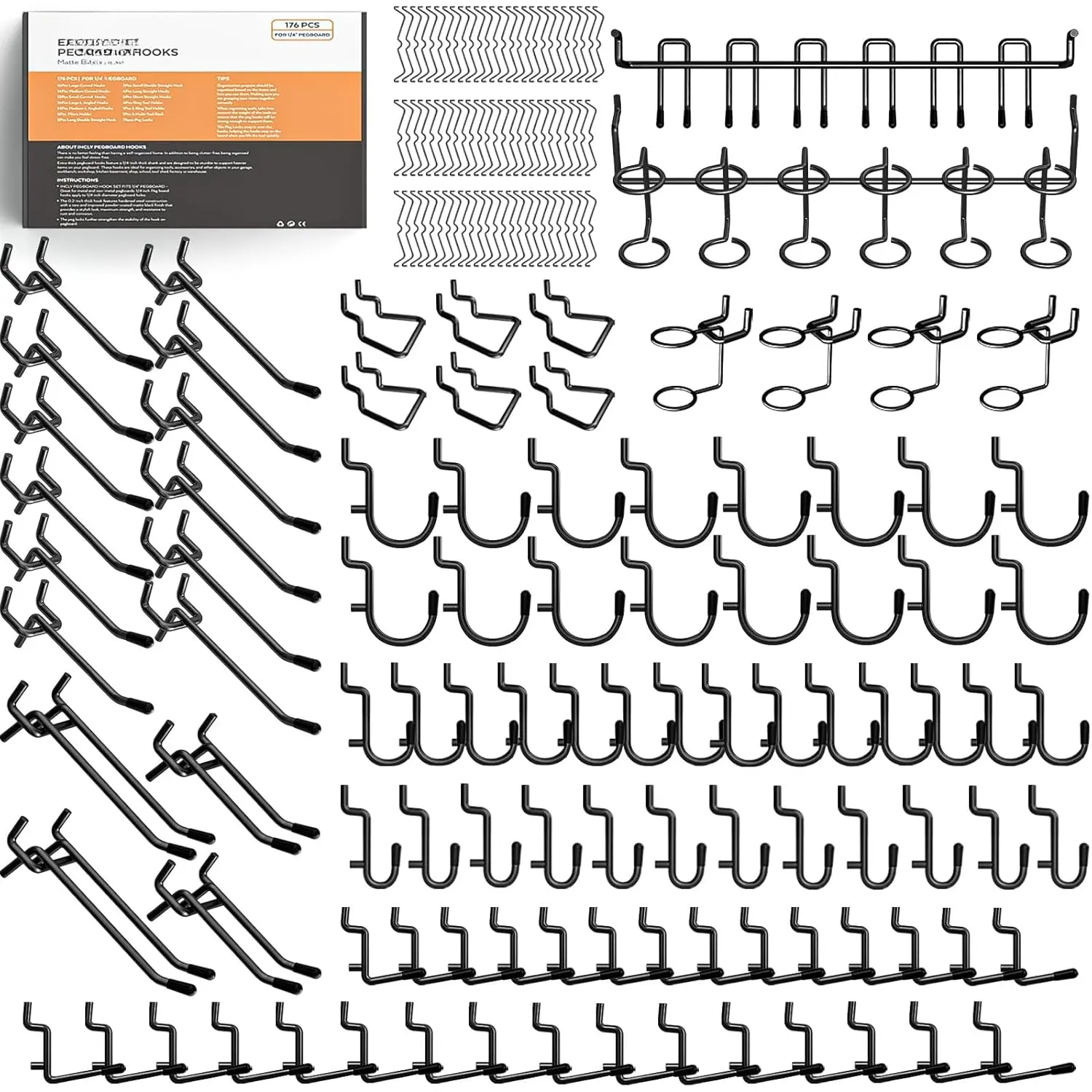176 count Extra Thick Black Pegboard Hooks Set, 1/4" Heavy Duty Metal Peg Board Hook Assortment with Peg Lock Pegboard Accessories for Garage Wall Organizer Hanging Tools