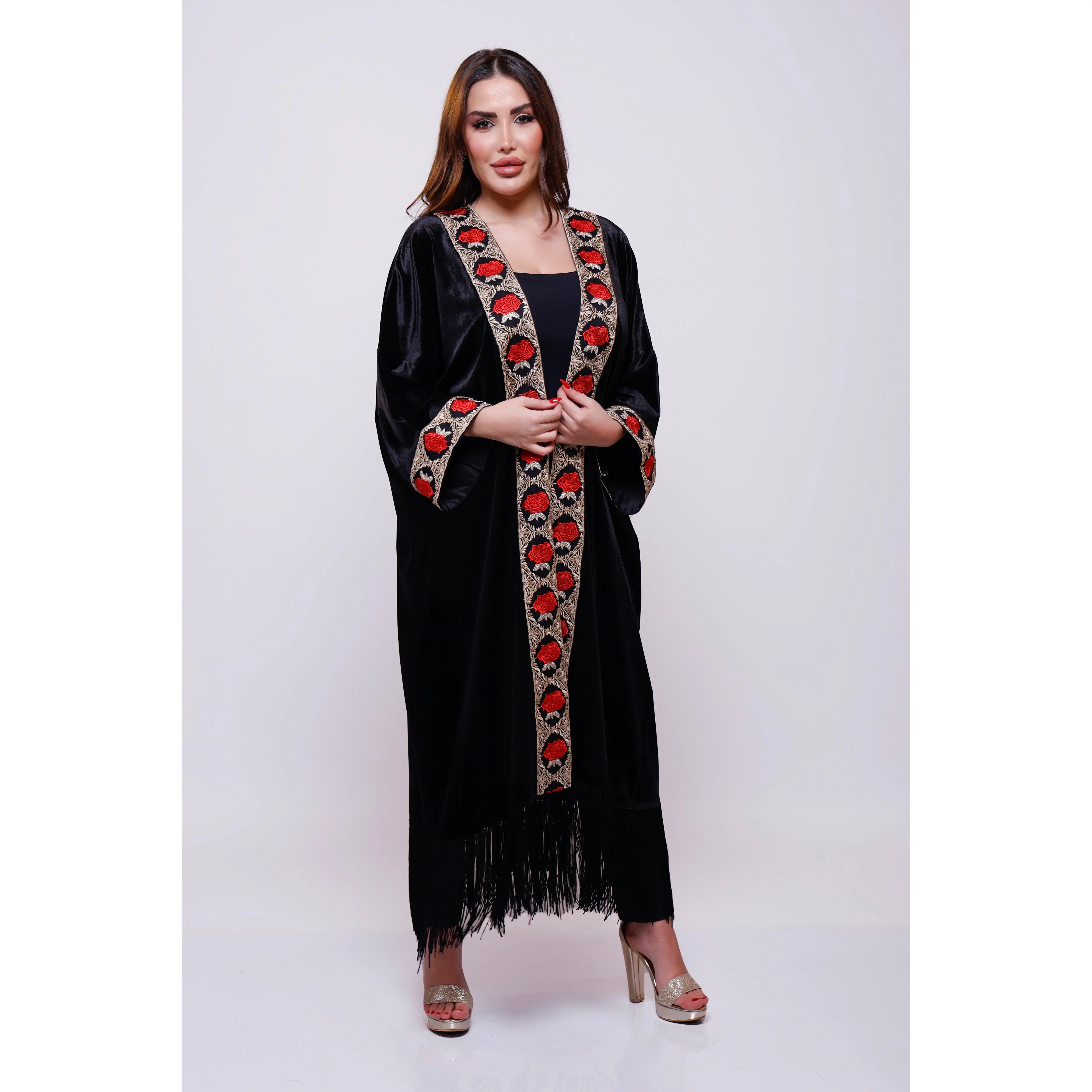 Tuleen Black Velvet Floral Abaya Kimono