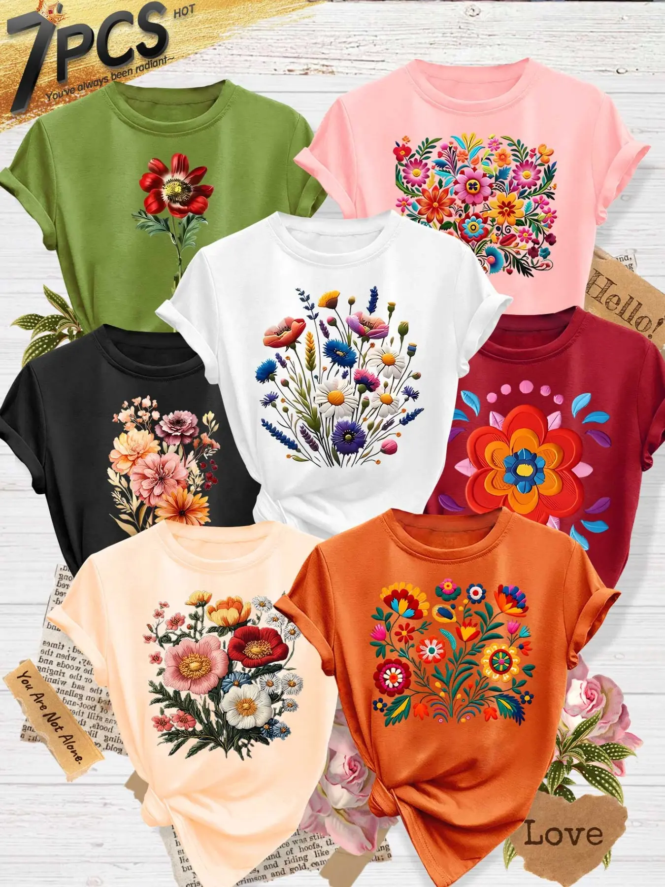 Women's 7-Pack Casual Fitted Short-Sleeve Crew Neck T-Shirt, Casual Tee Tops, Round Neck, Colorful Folk Floral Print, Multiple Colors Available, Machine Washable, Spring & Summer Top, Soft Skin-Friendly Fabric, Daily Versatile, Fashion Design, Womenswear