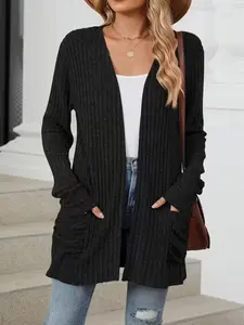Elegant Plus Size Patchwork Striped Knit Cardigan Jacket for Women, Womenswear Fall Winter Fashion Comfortable Elastic Fitted Long Sleeve Coat with 2 Pockets, Knitwear
