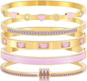 18K Gold Plated Womens Stackable 5 Pcs Set Bracelets Set Love Bangle Bracelets Non Tarnish, Trendy Jewelry Bracelet Set, Gift Women's Day and Mother's Day