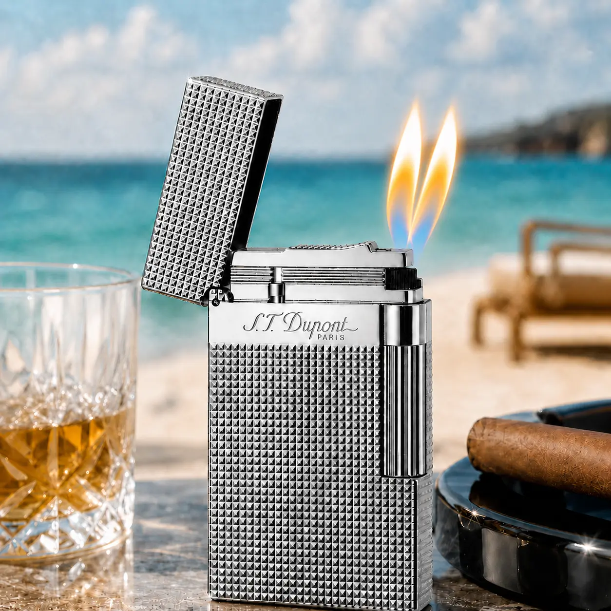 [Double Flame] DPT Guilloche Diamond Silver luxury Lighter 140g best gift for him Convenience Gifting