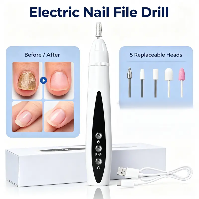 5-in-1 Cordless Electric Nail File Drill Set, USB Rechargeable Grinding Pen with 5 Bits for Gel Removal, Cuticle Care, Dead Skin Treatment, Home DIY Manicure & Pedicure