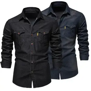 [Best selling] Fashion Autumn Cotton Denim Shirts Men Casual Long Sleeve Quality Cowboy Shirt Solid Color Slim Fit Elastic Jean Shirts for Men