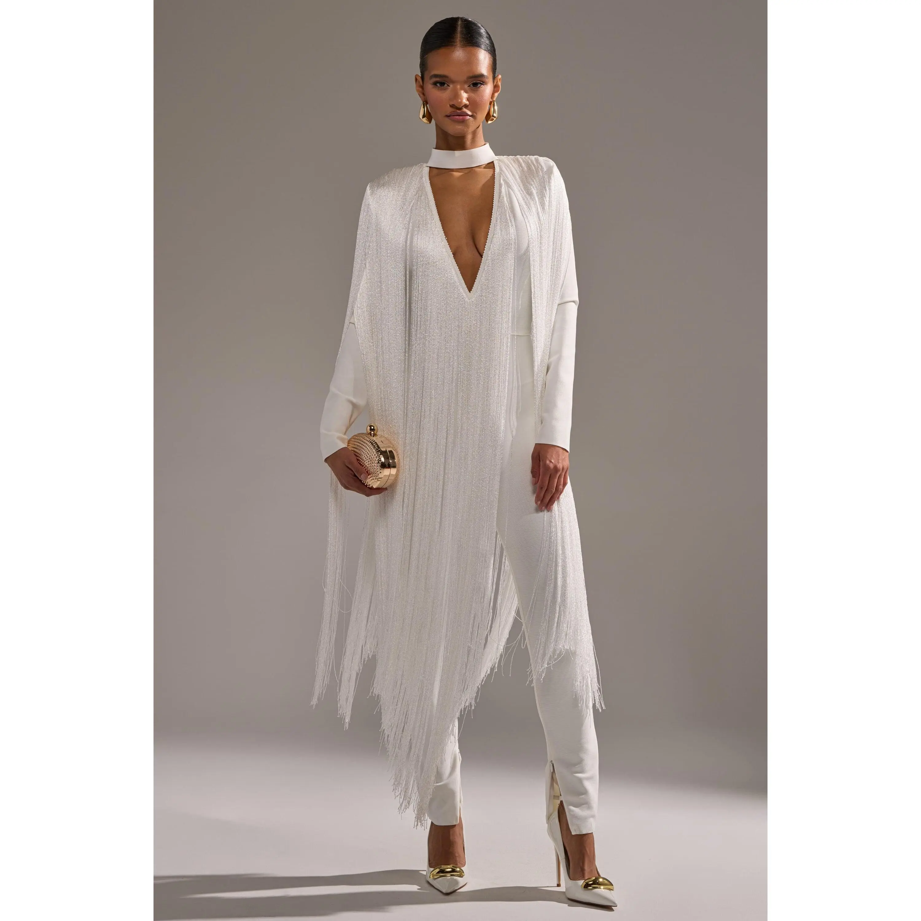 BELLE BANDAGE JUMPSUIT WITH FRINGE IN WHITE