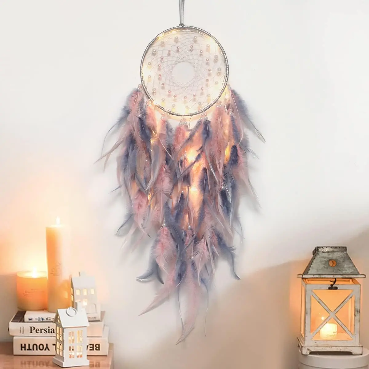 LED Dream Catcher Light - Handmade Metal Feather Hangable Boho Wall Hanging, Pink&Grey Decoration for Girls' Bedroom, Home Decor, Wedding Craft Gift