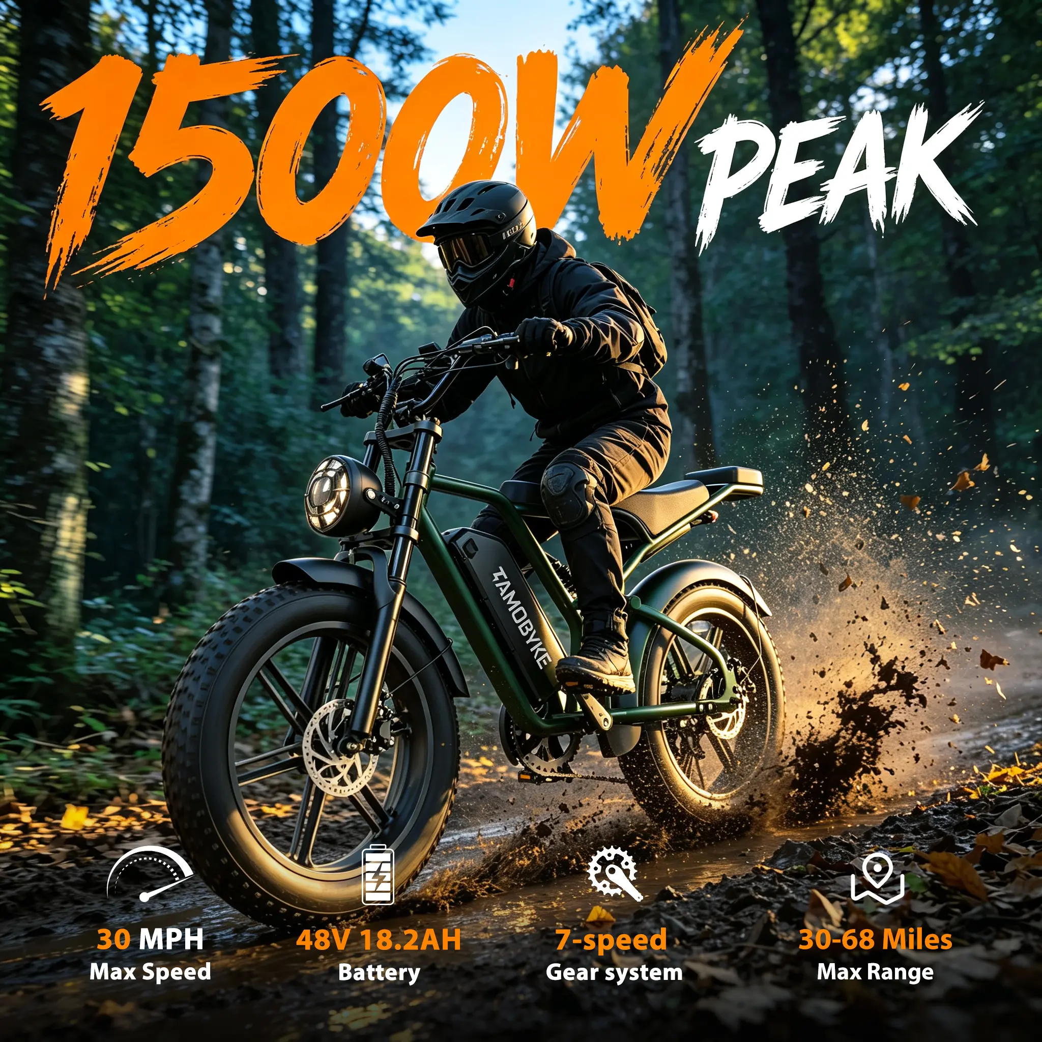 [Tamobyke] 【NEW】T60 Electric Bike for Adults, 1500W Powerful Motor, 20"x4.0 Fat Tire E-Bike, 48V 18.2Ah Long Range Battery, 30MPH Adjustable Speed, Smart APP Control Display, Shimano 7-Speed, Disc Brakes, UL Certified, All-Terrain E-Bike