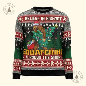 Believe In Bigfoot Squatching Through The Snow Ugly Sweater, Christmas Knitted Shirt, Holiday Gift for Sasquatch Lovers
