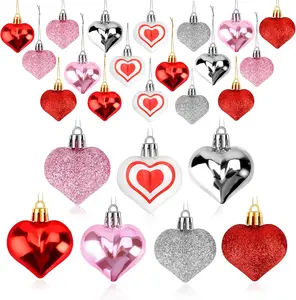 30 Pcs 4.5cm Heart-Shaped Ornaments, Love Theme Festive Decor for Valentine's Day & Christmas Tree, 7-Style Hanging Home Supplies