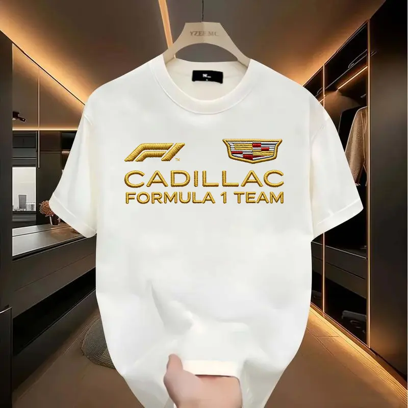 Cadillac F1 Team T-shirt, with simulated embroidery print (not real embroidery), is a high-end trendy item for F1 racing enthusiasts. The simple and atmospheric white+gold design has no redundant elements, making it suitable for both F1 racing spectators