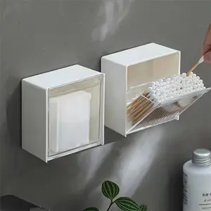 No-drill adhesive wall-mounted storage box (with flip cover) -- plastic bathroom shelf, suitable for cotton swabs, cotton pads, and oral care products, space-saving wall-mounted cabinet container, quick installation