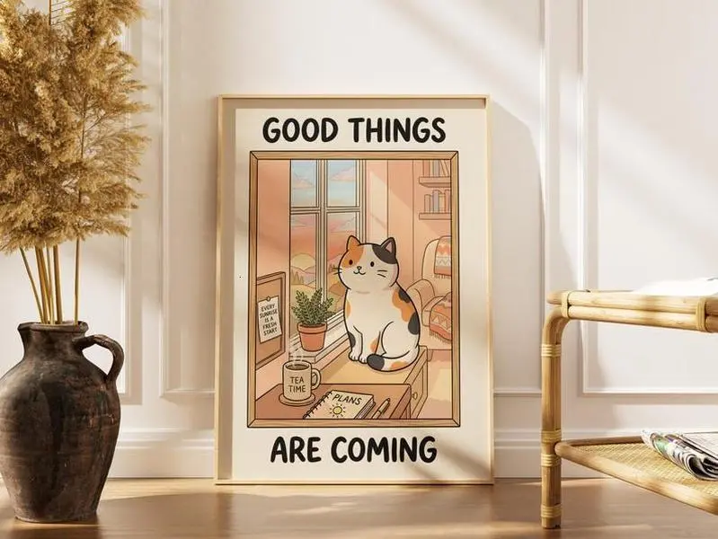 Good Things Are Coming Cat Print, Positive Office Wall Art, Retro Cat Poster, Motivational Gift