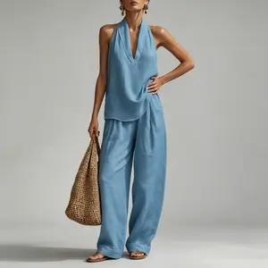 MG1 Bohemian Halter Two Piece Outfit - Ideal for Seaside, Holiday & Daily Wear! Sleeveless Blouse Loose Trousers #BohoStyle #TwoPieceOutfit #LoosePants #HalterTop #SummerVibe #CasualChic #OOTDFit #LadiesWear