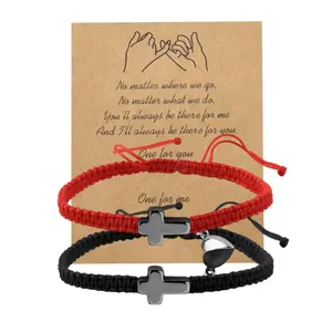 Matching Cross Heart Couple Bracelets - Magnetic Promise Handmade Braided Adjustable Red Black Rope Bracelets, Christian Faith Jewelry for Couples Friends, Valentine Christmas Baptism Confirmation Gifts