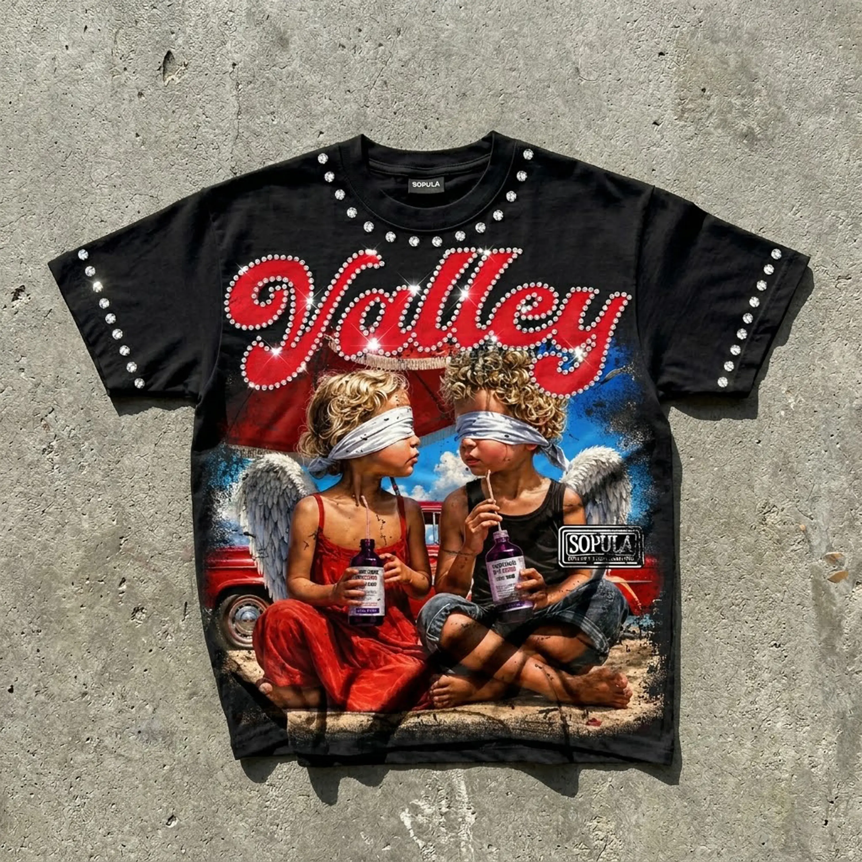 SOPULA Men's Valley Cough Syrup And Angels Graphic Rhinestone T-shirt