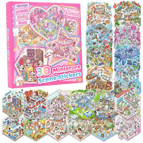 20-Scene 3D Miniature Scene Stickers Set, DIY Cute Cartoon Sticker Book with Collection Box, Creative Craft Gift for Kids, Scrapbooking