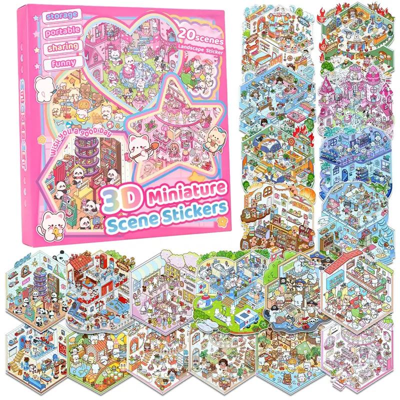 20-Scene 3D Miniature Scene Stickers Set, DIY Cute Cartoon Sticker Book with Collection Box, Creative Craft Gift for Kids, Scrapbooking