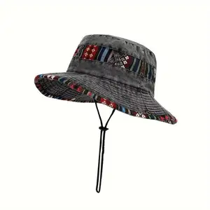 Men’s Outdoor Sun Hat with Drawstring, 100% Polyester Woven Sporty Style Bucket Hat for Camping, Fishing, Sun Protection