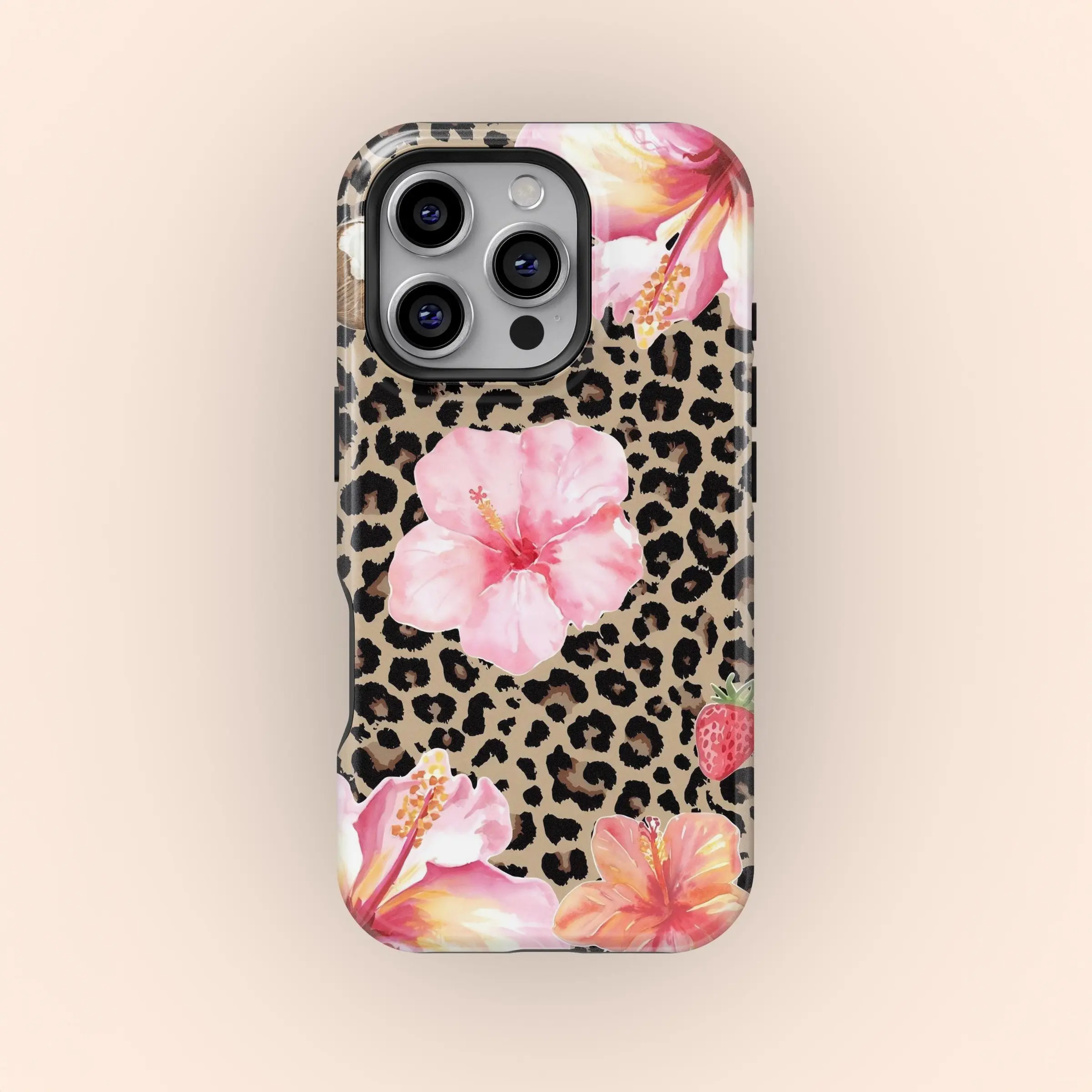 Leopard print pink hibiscus flower, a tropical floral 2-in-1 phone case Cover, featuring a durable, shock-absorbing, and stylish design. Compatible with iPhone 17, 16, 15, 14, 13, 12, 11 Pro Max Pro Plus and Samsung Galaxy S25, S24, S23 Ultra.