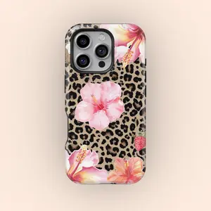 Leopard print pink hibiscus flower, a tropical floral 2-in-1 phone case, featuring a durable, shock-absorbing, and stylish design. Compatible with iPhone 17, 16, 15, 14, 13, 12, 11 Pro Max Pro Plus and Samsung Galaxy S25, S24, S23 Ultra.