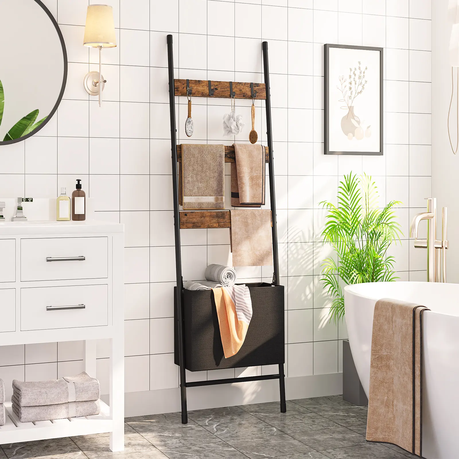 HOOBRO Blanket Ladder with Basket, 17.3”L x 63.4”H,Towel Rack with Hooks, Blanket Holder Rack, Decorative Ladder Shelf, Drying and Display Rack for Home, Rustic Brown #SummerVibes