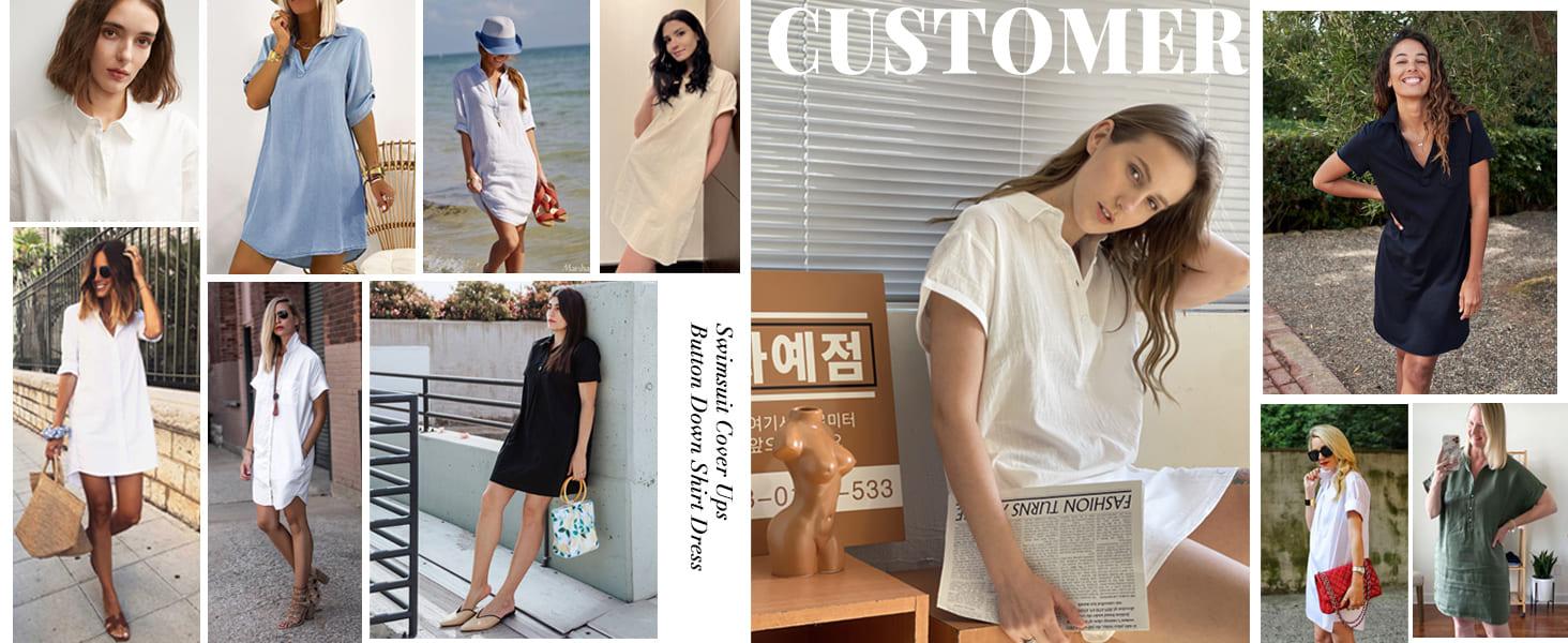 Zeagoo Women's Cotton Shirt Dress Summer Casual Short Sleeve Button Down Beach Cover Up Shirts with Pockets