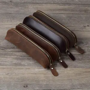 Simple Stationery Handmade Genuine Leather Pencil Bag Retro Holder Pen Case Storage Bag Zipper Pencil Pouch Glasses Case