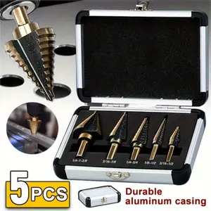 Step Drill Bits, HSS 5PCS Titanium Step Drill Bit Set, 50 Sizes in 5 High Speed Steel Unibit Drill Bits Set for Sheet Metal with Aluminum Case, Multiple Hole Stepped Up Bits for DIY Lovers
