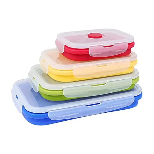 Set of 4 Collapsible Foldable Silicone Food Storage Container, Leftover Meal Box With Airtight Plastic Lids For Kitchen, Bento Lunch Boxes-Microwave, Dishwasher and Freezer Safe