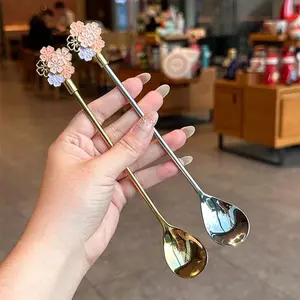 4pcs Stainless Steel Spoons Set, Japanese Cherry Blossom Design, Long Handle Ice Cream Spoon, Elegant Dessert Spoon, Candy Spoons for Home Use