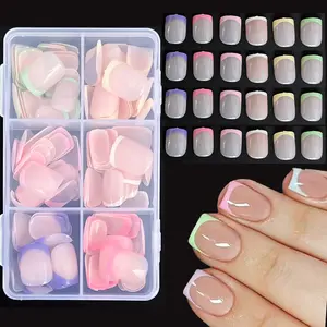 144 Pcs Short Square Press-On Nails - Rainbow Six-Color French Tip Design Extra-Short Fake Nails, Full Coverage, Vibrant Glossy Full-Cover Artificial Nails for Women and Girls, Manicure and Salon Nail Decoration