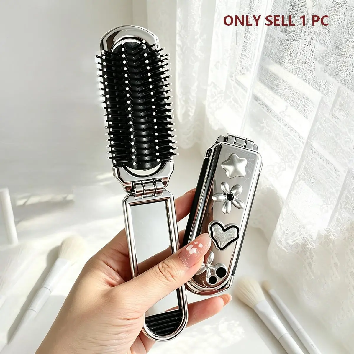 Foldable Comb with Silver Plating, Heart/Star/Flower/Cherry Decor, Built‑In Mirror, Portable Travel Comb for Men and Women, Hair Combs