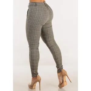 Push Up High Waist Plaid Skinny Pants Brown