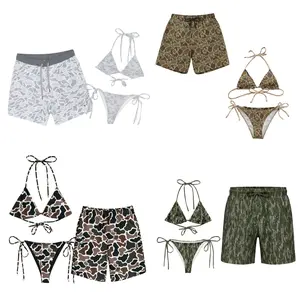 Women's Bikini Two Piece Beachwear With Mesh Shorts, Camo Matching Couple Swimsuit Set, Camouflag Hunting Swimwear, Summer Beach Vacation Outfit, Trendy Pool Party Outfit, Perfect Gift For Him & Her