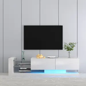 LED TV Stand for 55 65 75 Inch TV, Modern Entertainment Center Equipped with Tempered Glass, TV Console with Storage Cabinets， Gaming Media Console with Power Outlet for Living Room