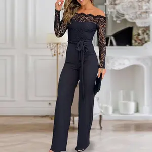 CHICME Women's 2026 Off-Shoulder Longsleeves Eyelash Lace Patch Slim-Fit Tie Waist Jumpsuit, Casual Overalls with Tied Detail, Elegant Black Fitted Piece for Wedding Guests