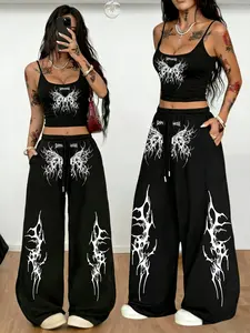 Black Cropped Cami + Wide Leg Sweatpants Set - Dark Hot Girl Outfit, 2026 Popular Streetwear, Soft Breathable Fabric Perfect for Layering & Lounging, Bold Butterfly Thorn Print, Versatile Relaxed Fit