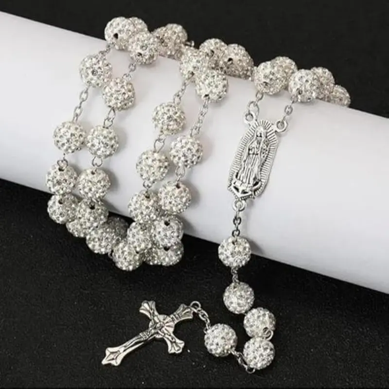 Silver Rosary Necklace, Rhinestone Rosary Vibrant Rosary Cross Pendant Necklace, Christian Religious Symbol, Perfect Easter Holiday Gift