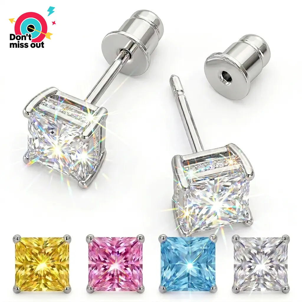 A pair of 925 sterling silver, AAAAA+ cut, D color, VVS Sri Lankan cubic zirconia hypoallergenic stud earrings. Unisex fashion jewelry, perfect birthday gift, suitable for weddings, everyday wear, anniversaries, engagement gifts, and other occasions.