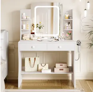 Makeup Vanity Desk with Lighted Mirror, Vanity Set with 6 Open Shelves, 2 Drawers, Power Outlet & Hairdryer Holder, Vanity Dressing Table Perfect gift for Bedroom - White