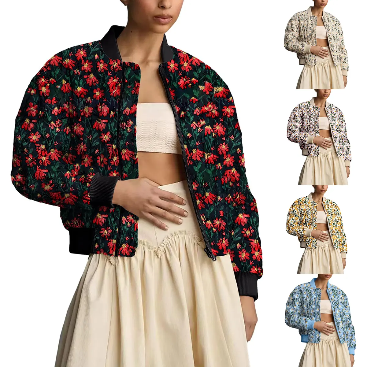 Kingapril Women's Embroidered Daisy Long-Sleeve Cropped Quilted Padded Bomber Jacket Outerwear