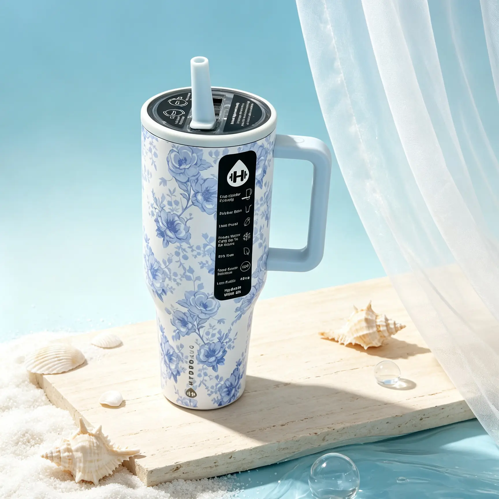 HydroJug 40oz Insulated Stainless Steel Flask -  Portable Water Cup with Handle, Blue Porcelain Rose Floral Print, 24-Hour Cold Retention, Leakproof Straw Mug for Car Gym, Flasks