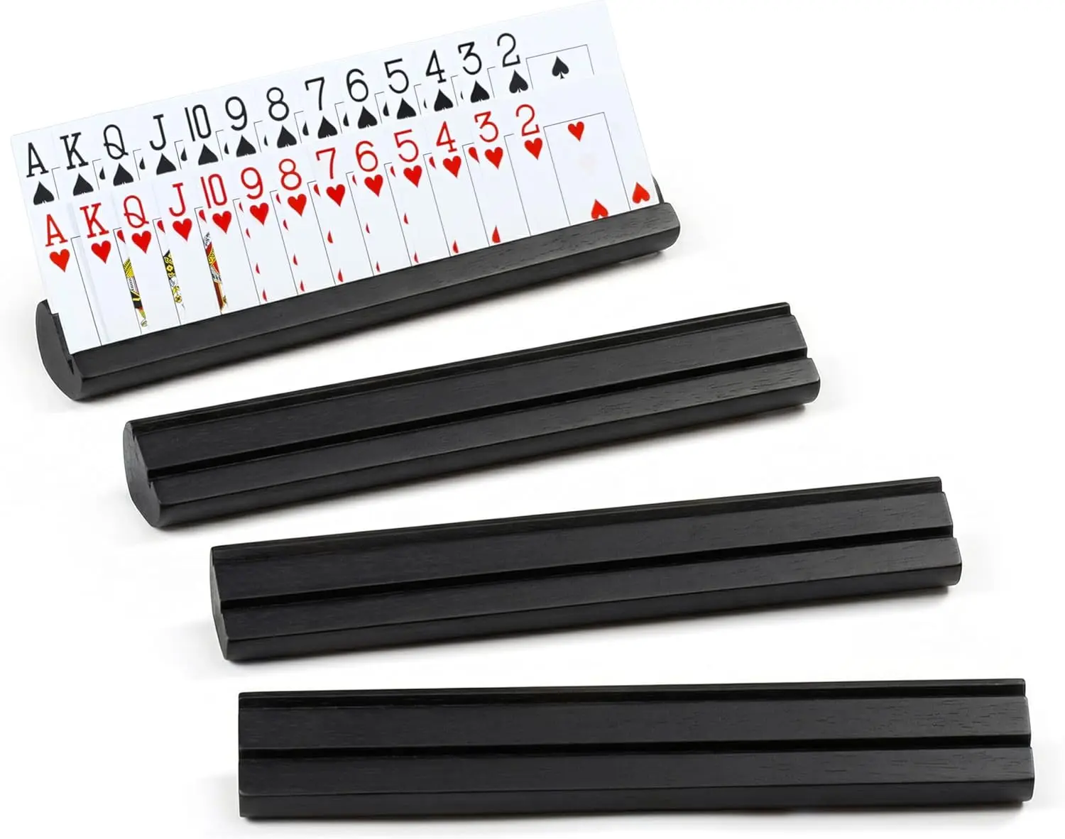 Playing Card Holders for Adults and Seniors, Set of 4 Slim Wooden Card Racks with Movable Dividers for Bridge, Canasta and Rummy