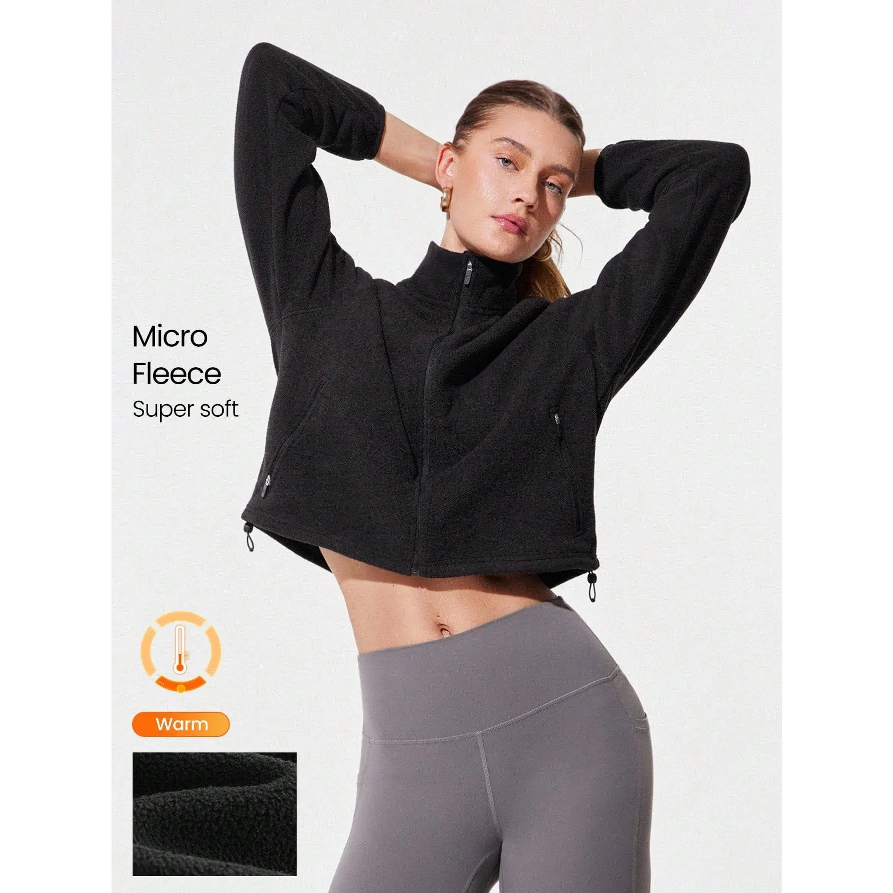GLOWMODE Thin Polar Fleece Loose-Fit Cropped Drawstring Long Sleeve Jacket