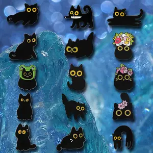 15PCS Cute Black Cat Coal Ball Pins Animal Cat Eyes Metal Badge Bag Accessories Geometric Baking Paint Daily Wear Travel Gifts for Men Women Adjustable Clips