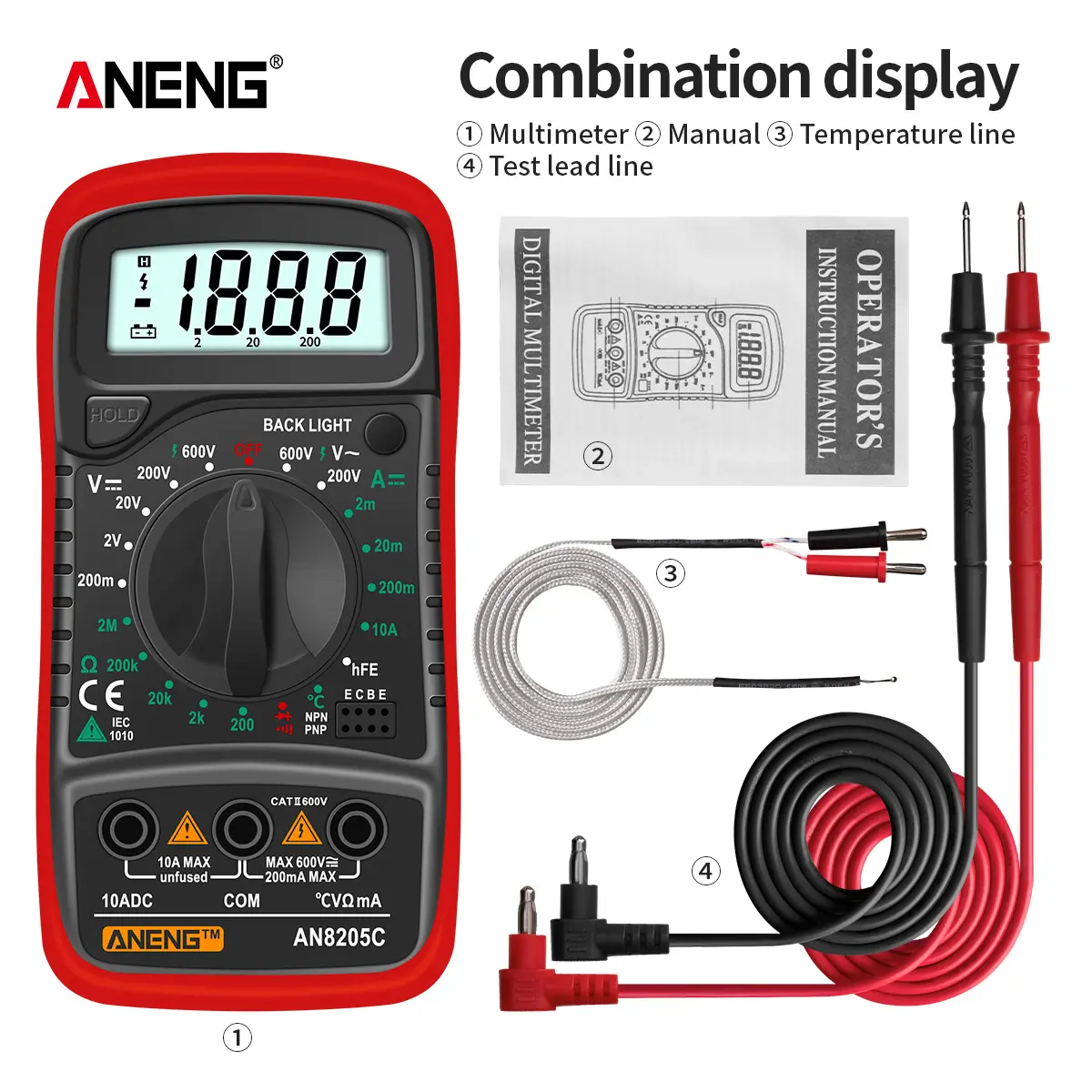 ANENG AN8205C Digital Multimeter - Multi-Function Electrical Measuring Tool with LCD Backlight, Measures AC/DC Voltage, DC Current, Resistance, Diode, Temperature, for Electricians,, 1 X Aneng An8205c Digital Multimeter, 140G, Probes Set