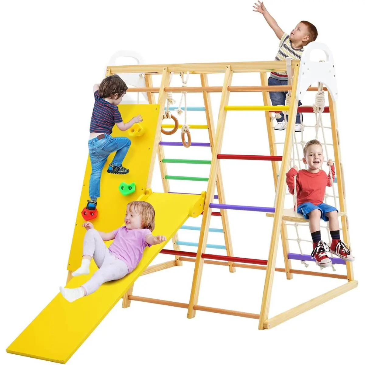 Costzon 8-in-1 Natural Wooden Jungle Gym for 3+ Ages Preschool Kids, Home Playground Equipment with Toddler Slide, Swing, Monkey Bars, Rope Ladder, Climbing Rock, Climbing Net, Gymnastic Rings, Sturdy Sports Playroom Playground, Swinging