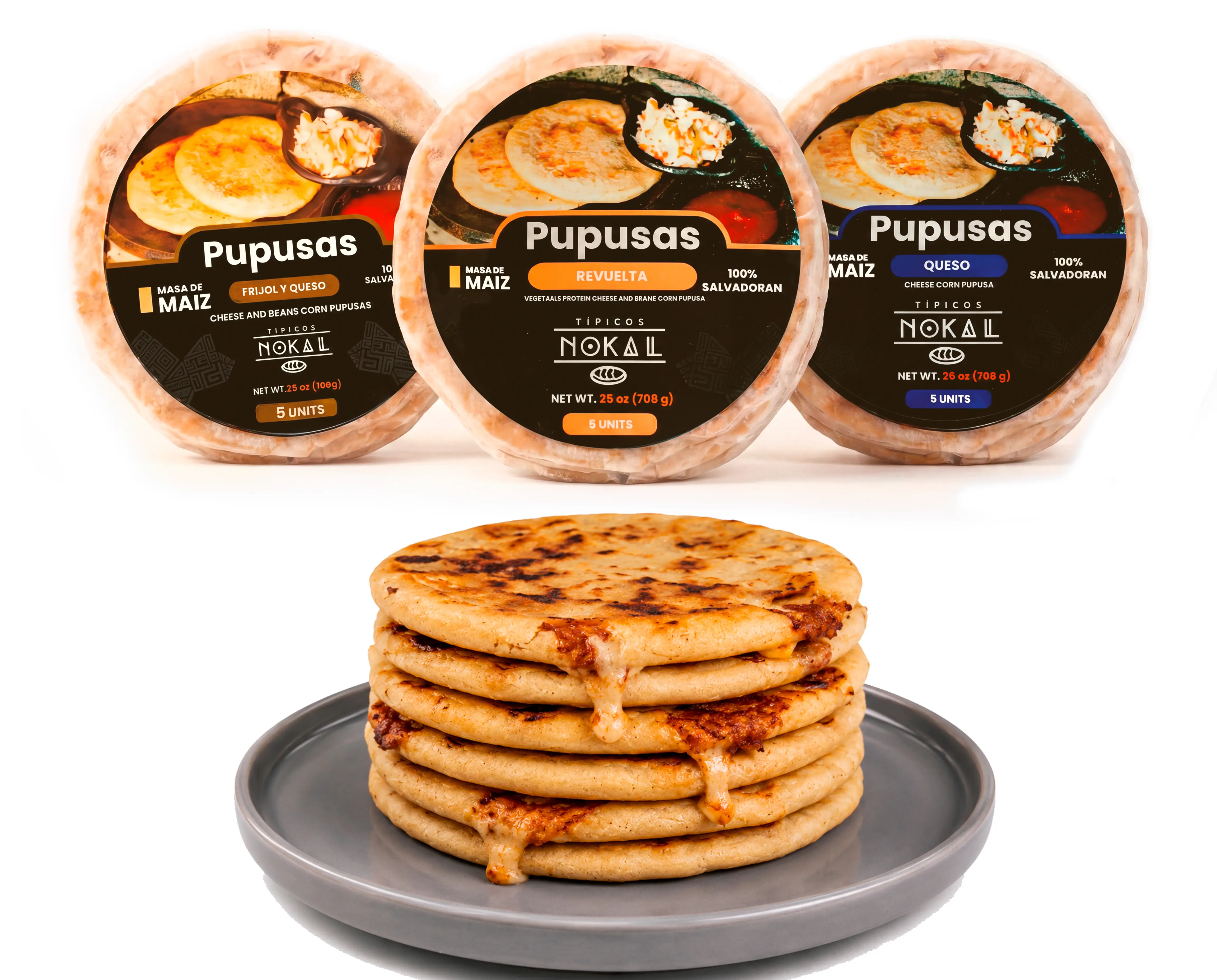 Typical Nokal Pupusas Mix,  5 Cheese, 5 Bean & Cheese and 5 Soy Revuelta Pupusas, Authentic Salvadoran Pupusas, 15 ct, 75 oz. Family Pack