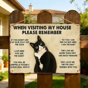 "When Visiting My House Please Remember" Tuxedo Cat Metal Sign 8x12 Inch Retro Distressed Aluminum Wall Decor Waterproof Rust-Free Home Sofa Area Decor Ideal Gift for Cat Lovers Pet Parents
