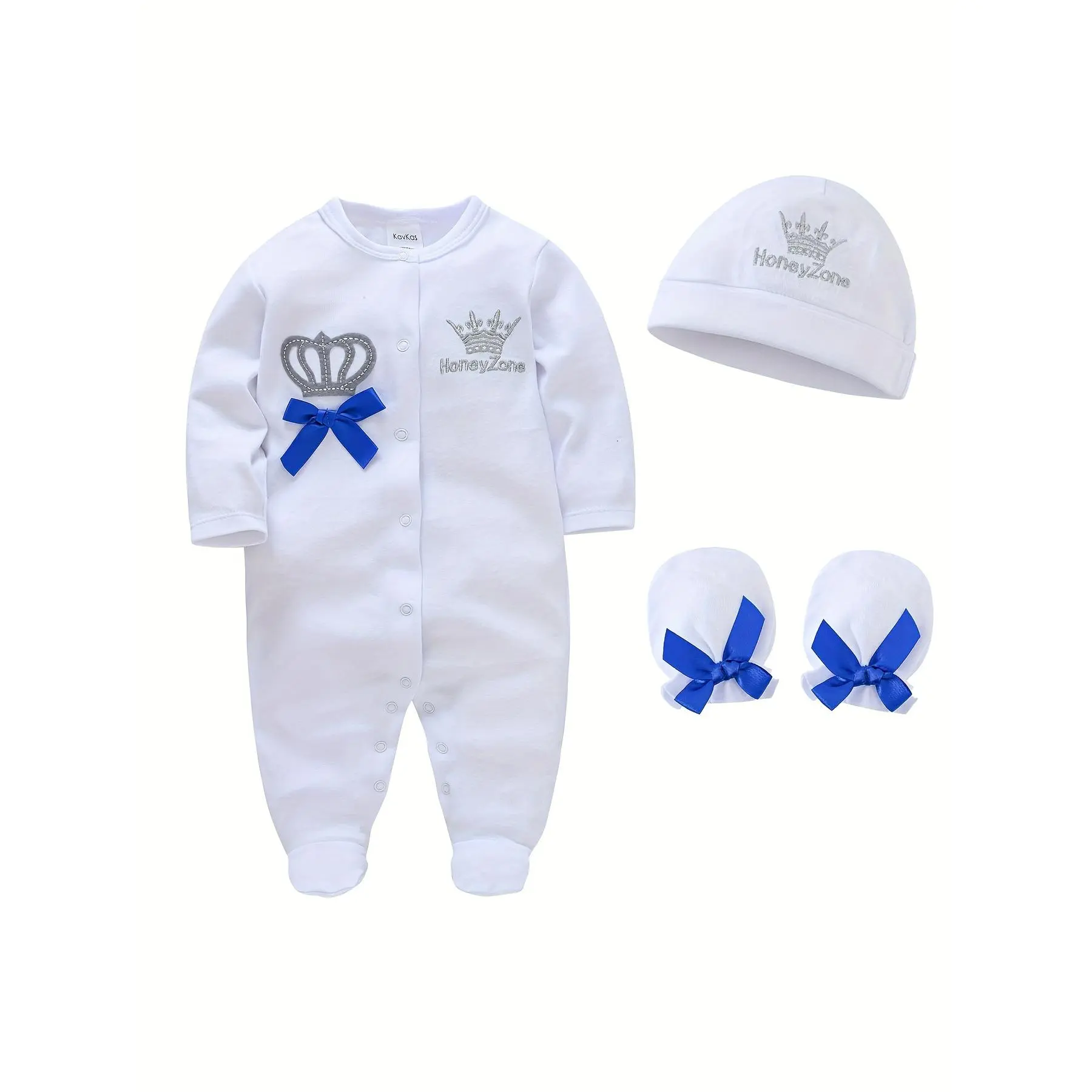 Baby's Adorable Crown Embroidery Cotton Long Sleeve Footed Romper, Toddler & Infant Girl's Footie + Hat + Baby Mittens, Perfect for Outdoor-DY